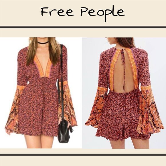 Free People Pants - Free People Romper Boho Shorts Jumpsuit Orange Flutter Sleeve Womens M